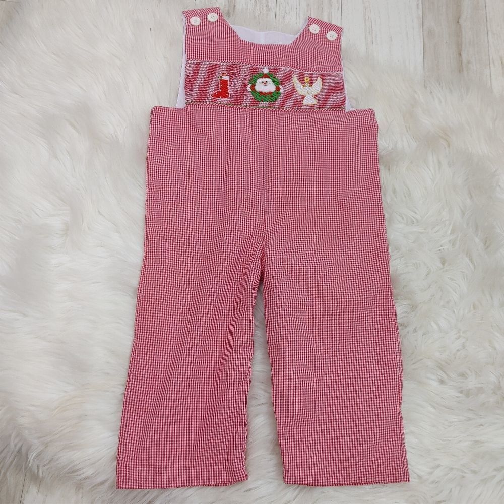 Mom & Me Red White Gingham Christmas Smock Jon Jon Romper Size 12 Months.